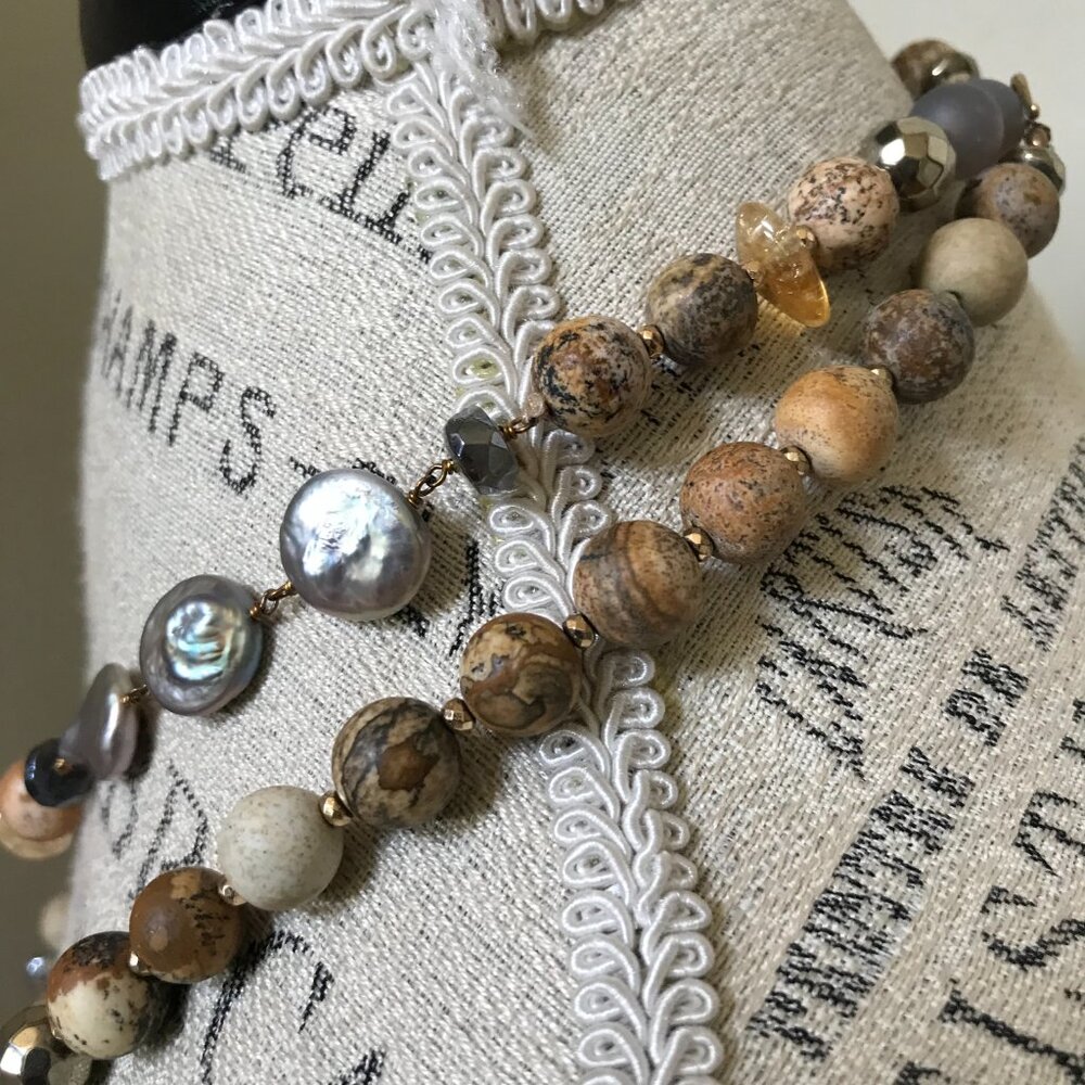 Chan Luu Sunstone Long Classic Beaded Necklace Womens Brown Tan Gold Beads Boho - Picture 9 of 13